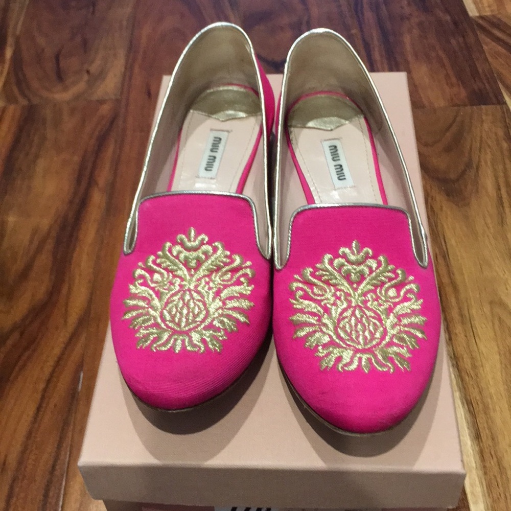 Miu Miu hot pink loafer with gold and stones